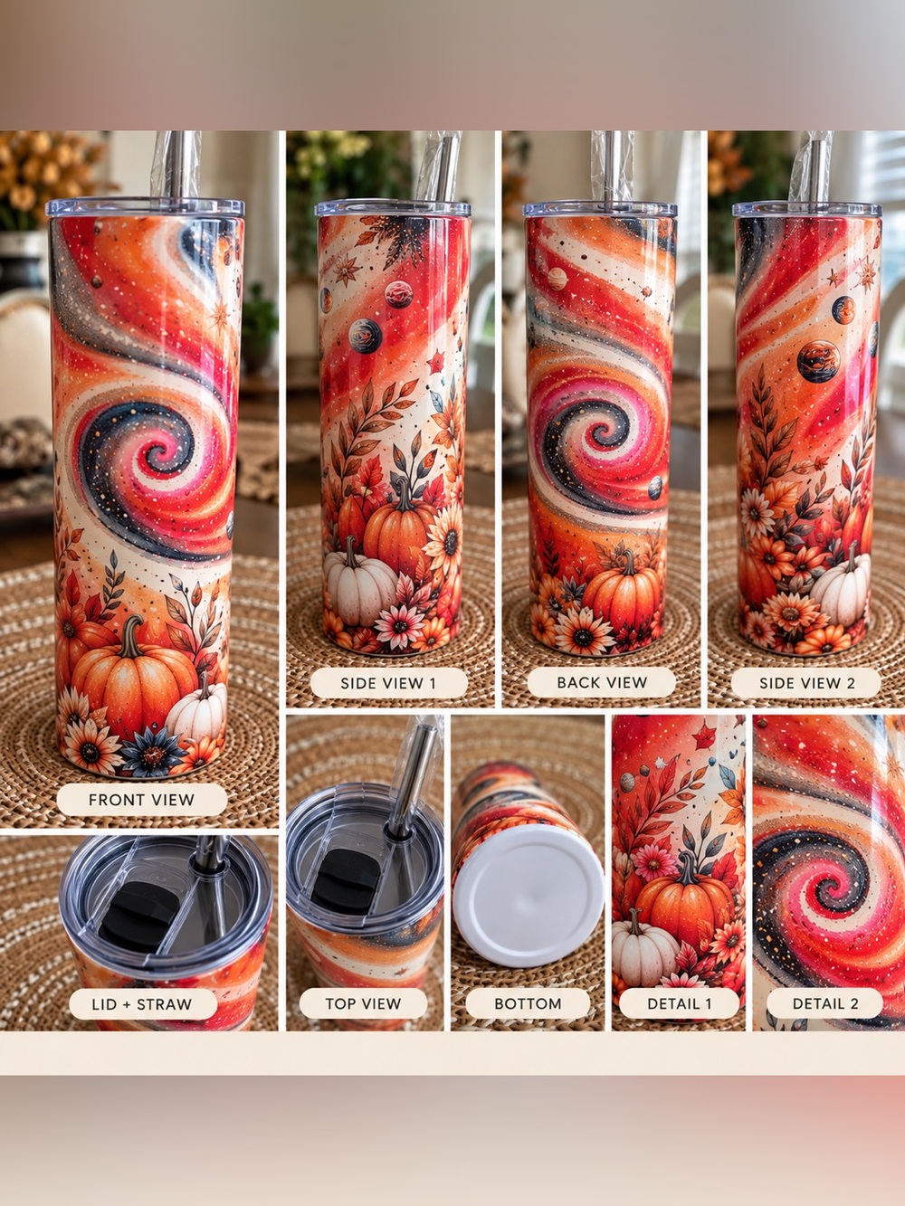 Autumn Swirl Insulated Tumbler with Straw - Orange Pumpkin Floral Design